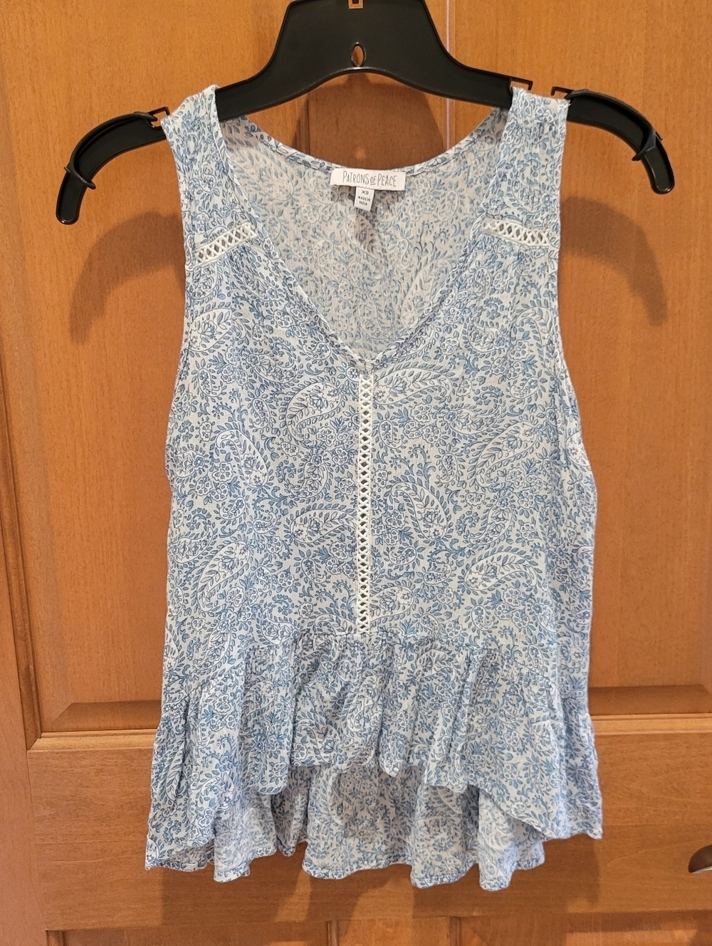 Patrons of Peace Light Blue Paisley Peplum Ruffle Tank Size XS
